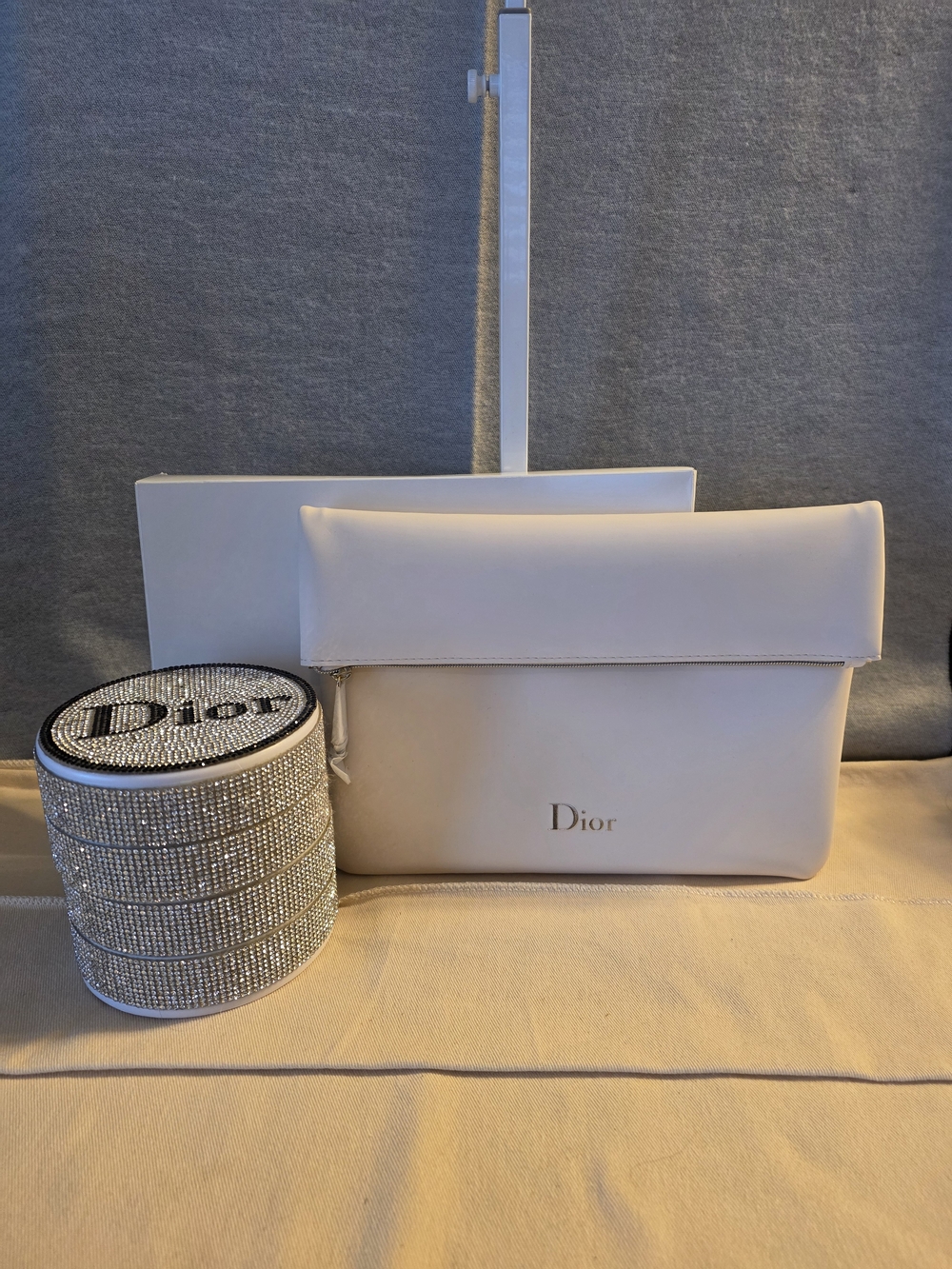 Dior White Fold-Over Clutch with Crystal Embellished Jewelry Box